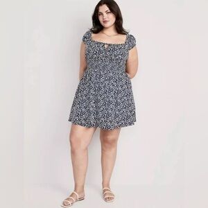 Old Navy Puff Sleeve Smocked Floral Print Mini Dress Navy Womens Size 3X